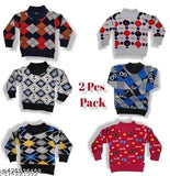 Woolen twin sweaters for baby boys and girls, long sleeves with printed net pattern. Colors may vary based on availability. Sizes range from 0-3 Months to 3-4 Years. Made in India