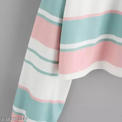 Pink and blue striped long-sleeved Lycra crop top, size N (36in bust, 24in length), for women's fashion