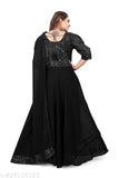 Embellished Georgette Anarkali Dress in Black, three-quarter sleeve length, Indian made with squared work embroidery