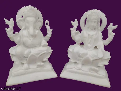 Marble Laxmi Ganesha Idol, 10" x 12.5" x 4", durable for home, office decor & Diwali gifts