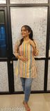 Rayon striped v-neck kurta, three-quarter sleeves for women, trendy Indian work or casual wear