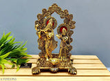 Golden aluminum oxidized Radha Krishna idol with diya, beautifully designed for living spaces, 11.5cm L x 18cm H x 11cm B, 360g weight