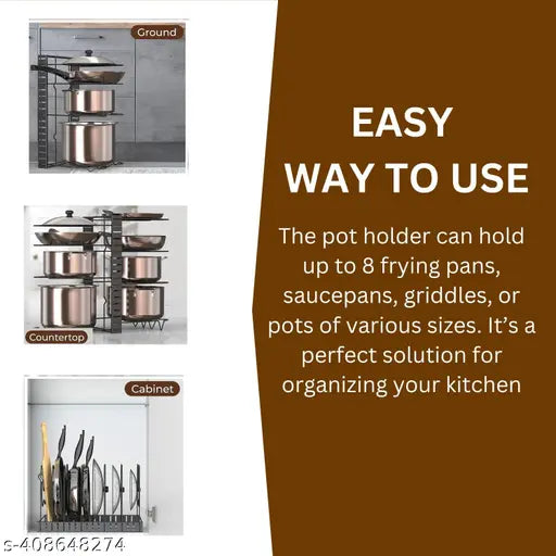 Black stainless steel 5-layer adjustable pot organizer rack stand for large kitchen utensils, 15x8x7 inches