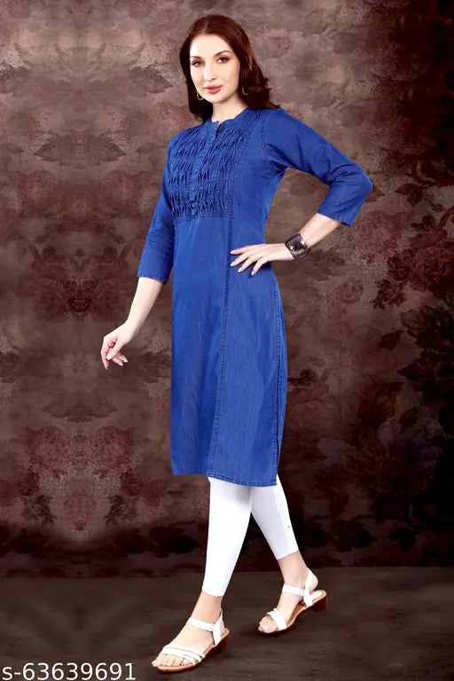 Navy blue denim kurti with zigzag design and three quarter sleeves, embroidered for women and girls