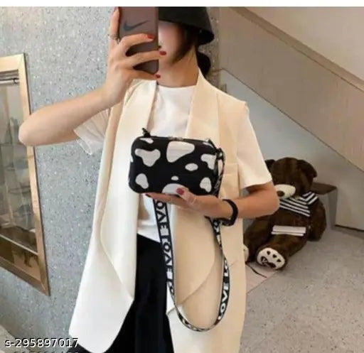 Navy blue PU suitcase sling bag with cow print pattern, 2 compartments for girls travel