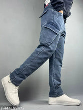 Light blue denim cargo jeans for men, durable six-pocket style with baggy fit & inner pocket