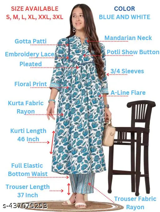 Blue and White Floral Printed Cotton Blend Rayon Anarkali Kurta Pant Set with Pockets and Gotta Patti Detailing, ideal for casual or festive wear