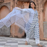 Hand-block printed viscose Kurta set with Dupatta and bottomwear, intricate Indian patterns on three-quarter sleeves, single size L (bust 40in, shoulder 15in), XL (bust 42in), XXL (bust 44in, shoulder 16in), origin India