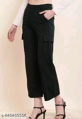 Black cotton lycra cargo pants for women, solid design, size XL (waist 32in, length 37in)