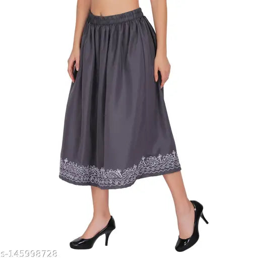 Crepe embroidered polyester skirt, solid color, calf length, 30 inches, pack of 2 with elasticated belt, India-made