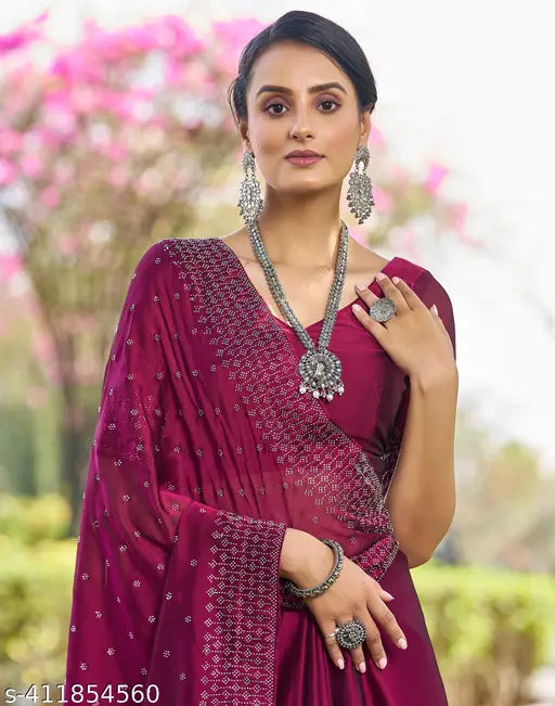 Georgette pink saree with embellished blouse piece, free size, Indian origin