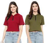 Maroon olive cotton blend crop T-shirt set, featuring solid pattern with short sleeves. Two sizes included: S (36in x 18in), M (38in x 18in). Made in India
