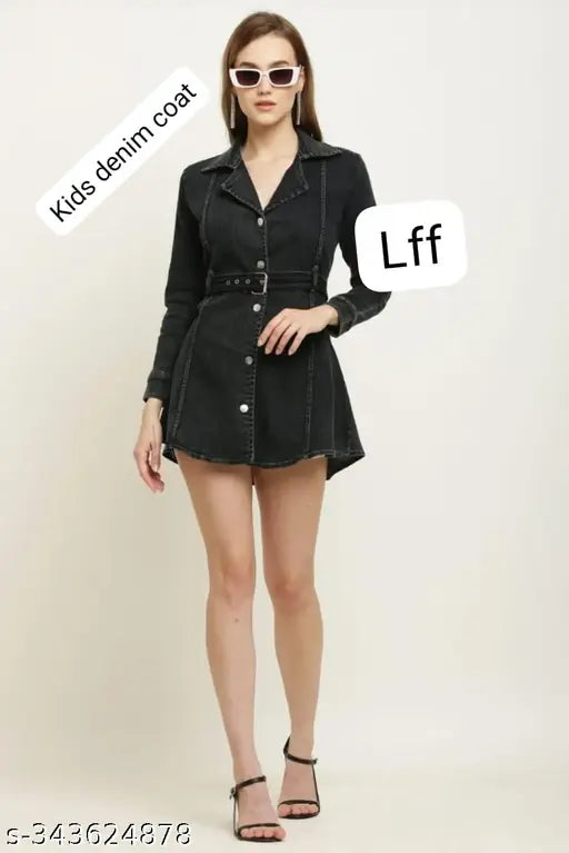 Denim long coat for girls, solid pattern, 10-16 years sizes