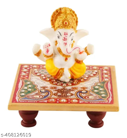 Marble Ganesh Idol with Chowki, vibrant and durable home decor or pooja room accent, perfect for special occasions and gifts