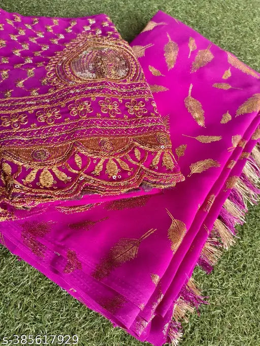 Georgette saree with golden foil and embroidered blouse, new collection 2024, women's fashion accessory on display
