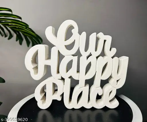 Wooden Decorous Shoppee Let's Decor Idols figurine, happy place quote showpiece for study table or book shelf, Indian artisanal home decor