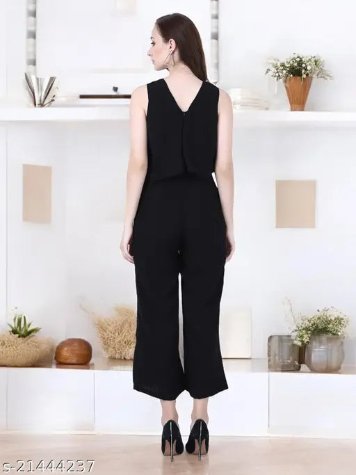 Black viscose rayon My Swag women's solid jumpsuit, sleeveless and stretchy for a perfect fit. Stylishly casual in plain design, made in India