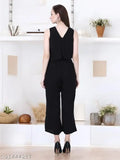 Black viscose rayon My Swag women's solid jumpsuit, sleeveless and stretchy for a perfect fit. Stylishly casual in plain design, made in India