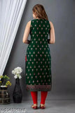 Green rayon sleeveless printed kurta with three-quarter sleeves, trendy Indian women's fashion for work or party