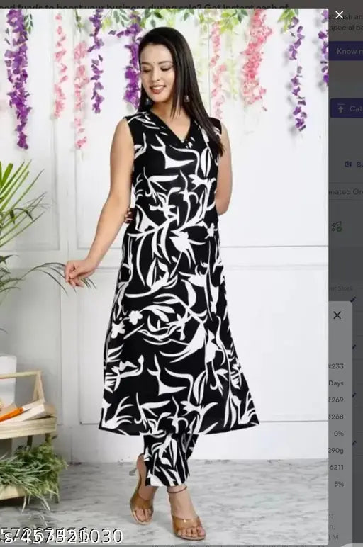 Black rayon party wear dress set with palazzos, sleeveless, printed net design, single size available (M/Bust 38in, Shoulder 16in, Kurta Waist 38in, Hip 32in, Length 44in, Bottom Waist 10in, Length 11in; L/Bust 40in, Shoulder 16.5in, Kurta Waist 38in, Hip 34in, Length 44in, Bottom Waist 10in, Length 11in), Indian origin