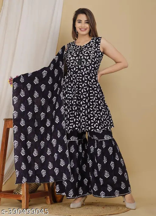 Rayon Banita Voguish Women's Kurta Set with Sharara & Dupatta, printed and stitched, single size available in XS-XXL