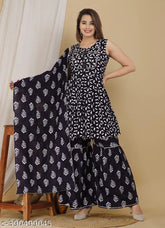 Rayon Banita Voguish Women's Kurta Set with Sharara & Dupatta, printed and stitched, single size available in XS-XXL