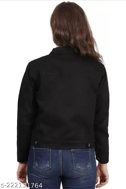 Black cotton blend jacket, solid pattern, long sleeves for girls - Shree Shyam Collection