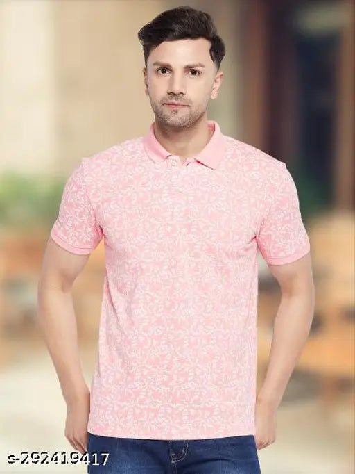 Pink cotton blend polo neck half-sleeve T-shirt, wild west all-over print for men