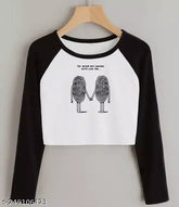 Black and white printed full sleeve cotton t-shirt for women by Rivaem, featuring long sleeves and polycotton fabric