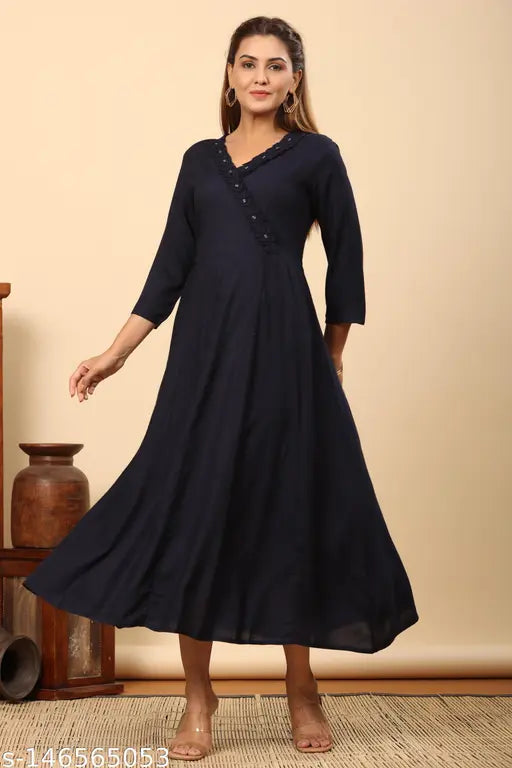 Rayon three-quarter sleeve kurti for women, solid color, Indian fashion attire