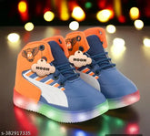 Orange and blue synthetic leather sneakers for kids aged 0-10 years, featuring breathable, comfortable, and durable shoes with embedded net patterns and easy-to-use Velcro fastenings. Ideal for sports and casual wear