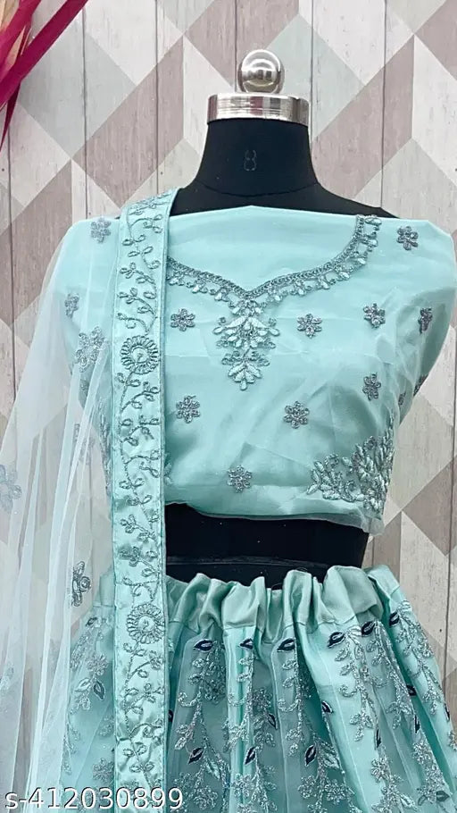 Sky blue embroidered lehenga choli set with net fabric, suitable for parties and weddings. Indian designer embroidery work