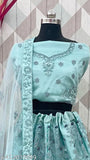 Sky blue embroidered lehenga choli set with net fabric, suitable for parties and weddings. Indian designer embroidery work