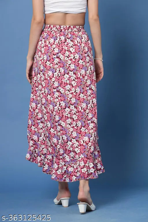 Pink printed net high-low wrap-style crepe skirt, OOMPH brand, Indian origin