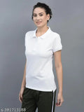 Dollar Women's White Solid Polo Neck T-Shirt, cotton blend, short sleeves, athletic wear