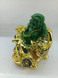 Laughing Buddha poly resin Feng Shui sofa, green, 7cm height, Indian home decor accessory