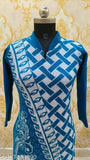 Fancy aqua blue woolen kurti set with leggings, long-sleeved, printed net, India origin
