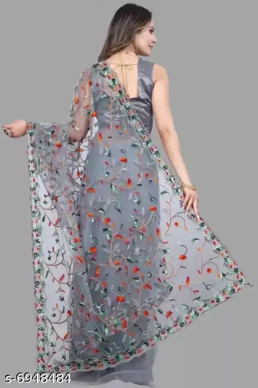 Embroidered net cut-work saree with separate cotton blouse, free size, India origin