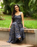 Rayon Anarkali blue kurti for women/girls, sleeveless, printed rayon, classic trendy outfit, India