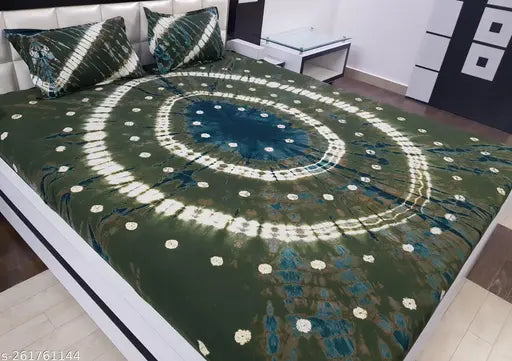 Dark green & green tie-dye cotton double bedsheet with two pillow covers - Rajasthani Bandhani style, ideal for summer