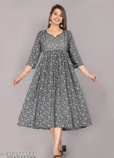 Grey rayon printed gown for girls and women, three-quarter sleeves - stylish Indian fashion