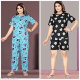 Women's printed polycotton nightsuit sleepwear set (pack of 2), short-sleeved pyjamas with varied sizes S-XXL, Indian-made print design on display