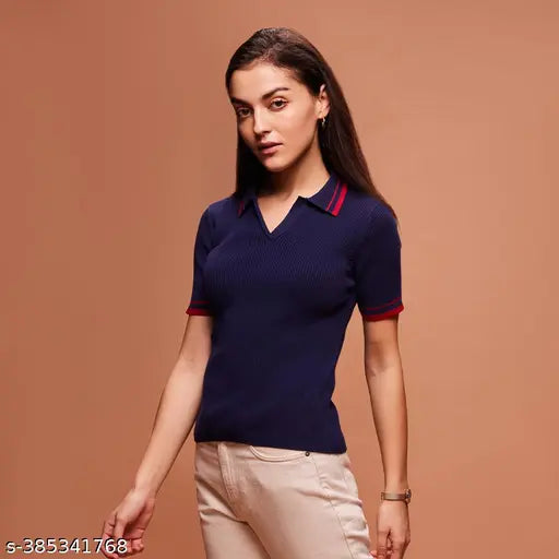 Navy blue cotton short sleeve solid T-shirt for women, ideal for everyday wear and casual events