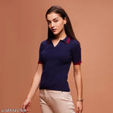 Navy blue cotton short sleeve solid T-shirt for women, ideal for everyday wear and casual events