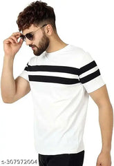 Striped polyester men's round neck white t-shirt, stylish short sleeve and casual tee for men, made in India