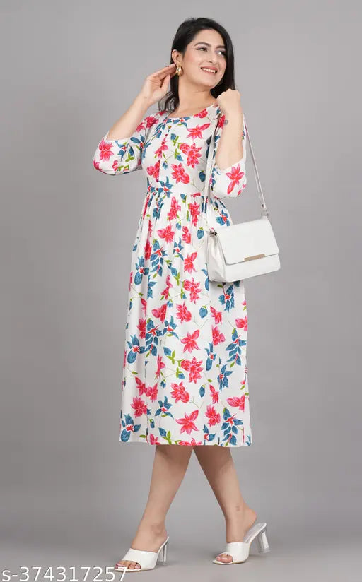 Floral print rayon Anarkali gown, three-quarter sleeve, vibrant Indian women's fashion