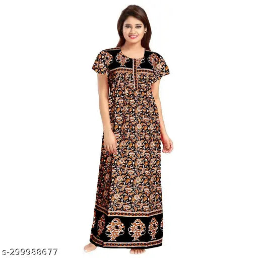 Cotton printed net nightgown for women, ankle length with short sleeves, available in L, XL, XXL, and free size