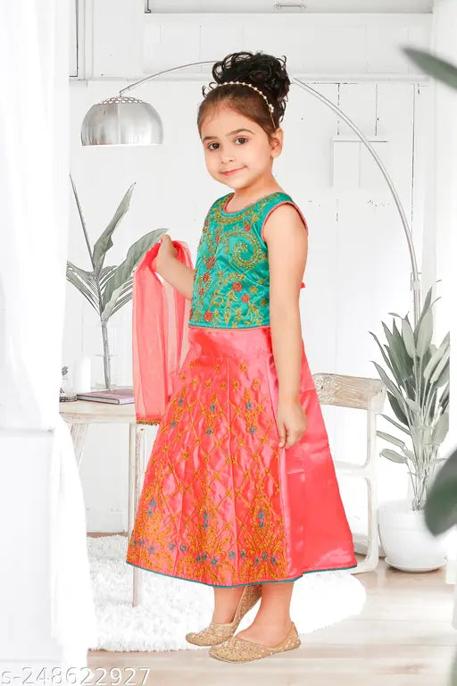Embroidered cotton blend lehenga and dupatta set for baby girls, Indian traditional clothing with long sleeves and stone work, handmade by Mahi Collection