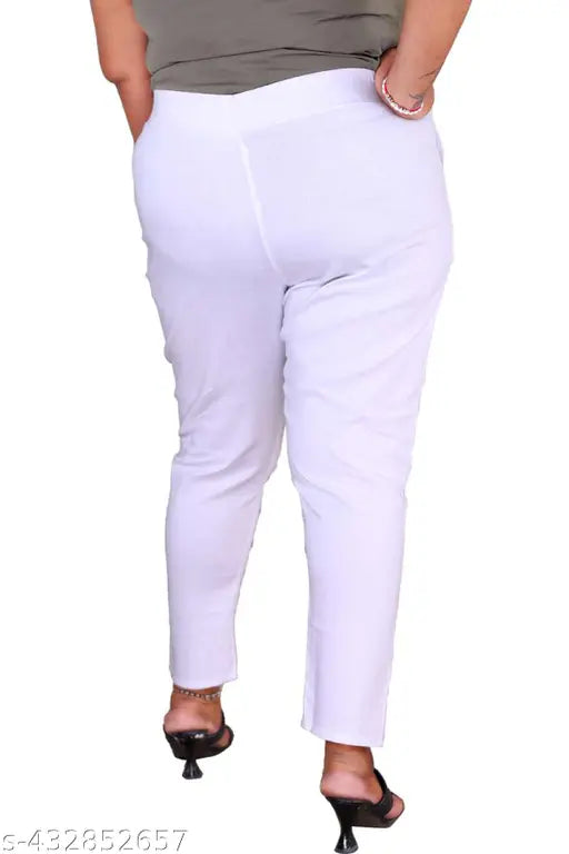 White cotton lycra plus size pants, elastic waistband, multiple pockets, fashionable for big sizes, made in India