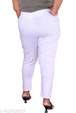 White cotton lycra plus size pants, elastic waistband, multiple pockets, fashionable for big sizes, made in India